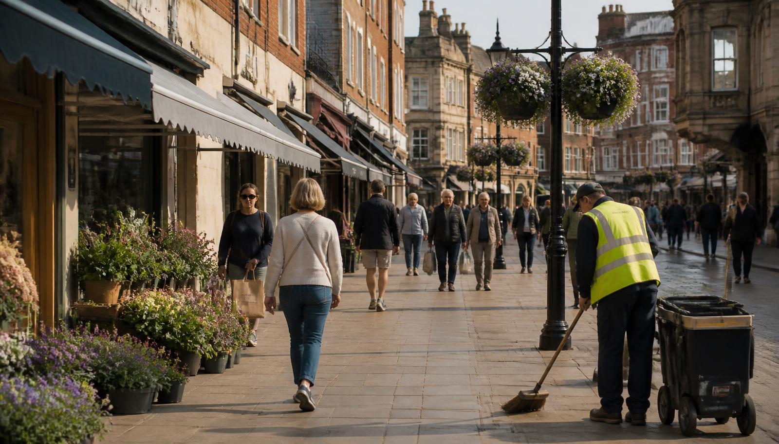 A town-centre shopping street on a weekday morning with planted shopfronts and a street cleaner at work.