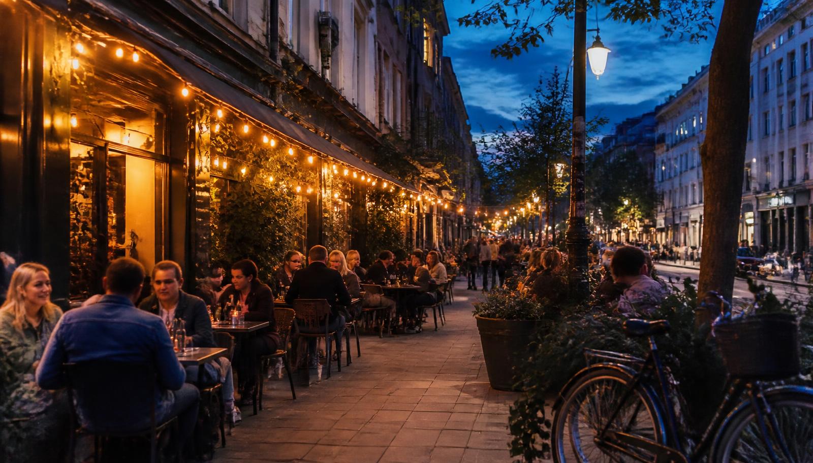 An evening terrace with warm lighting and people seated outside.