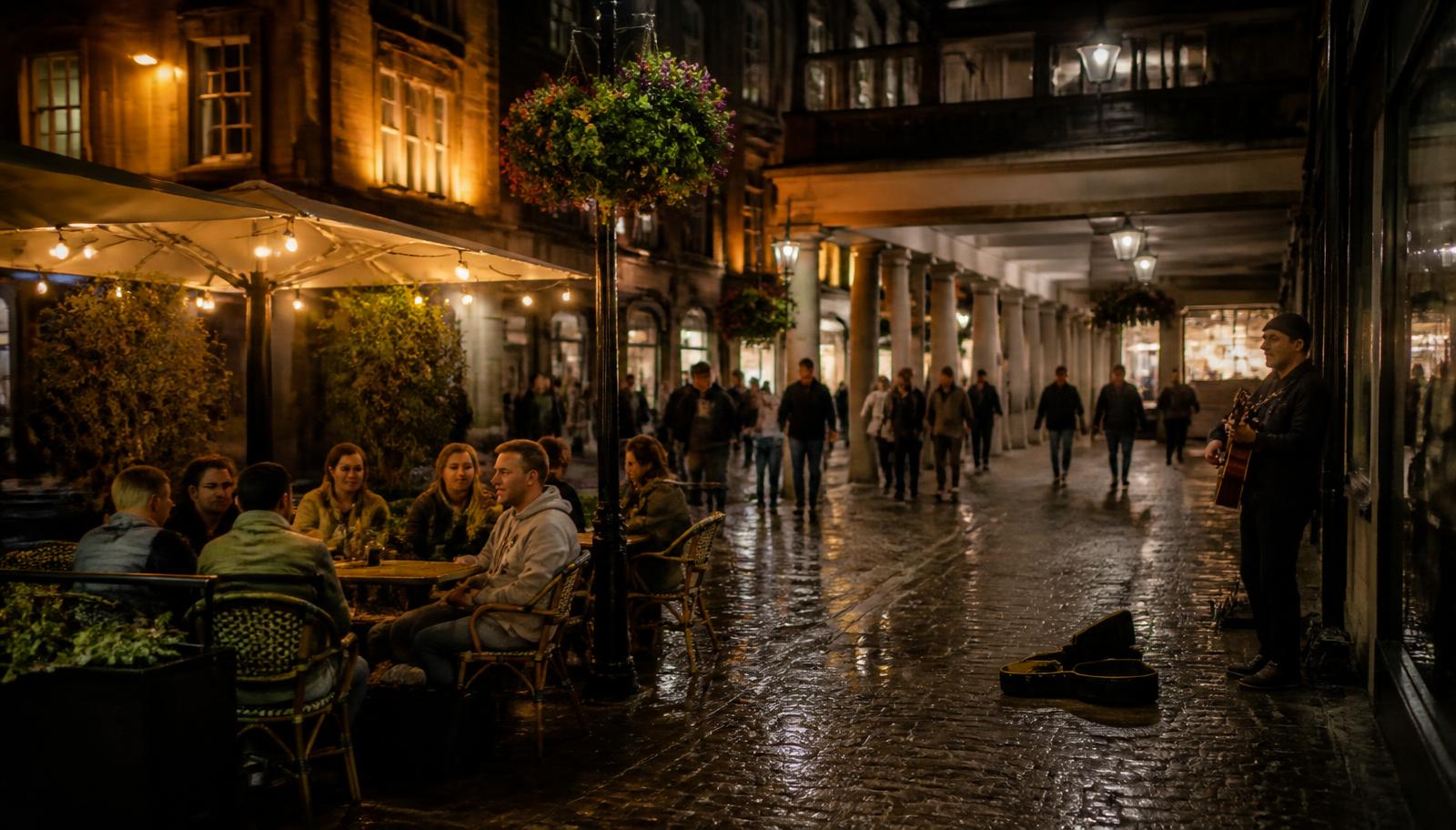 An evening city arcade with people at outdoor tables under festoon lighting and warm shopfront light on wet cobbles.