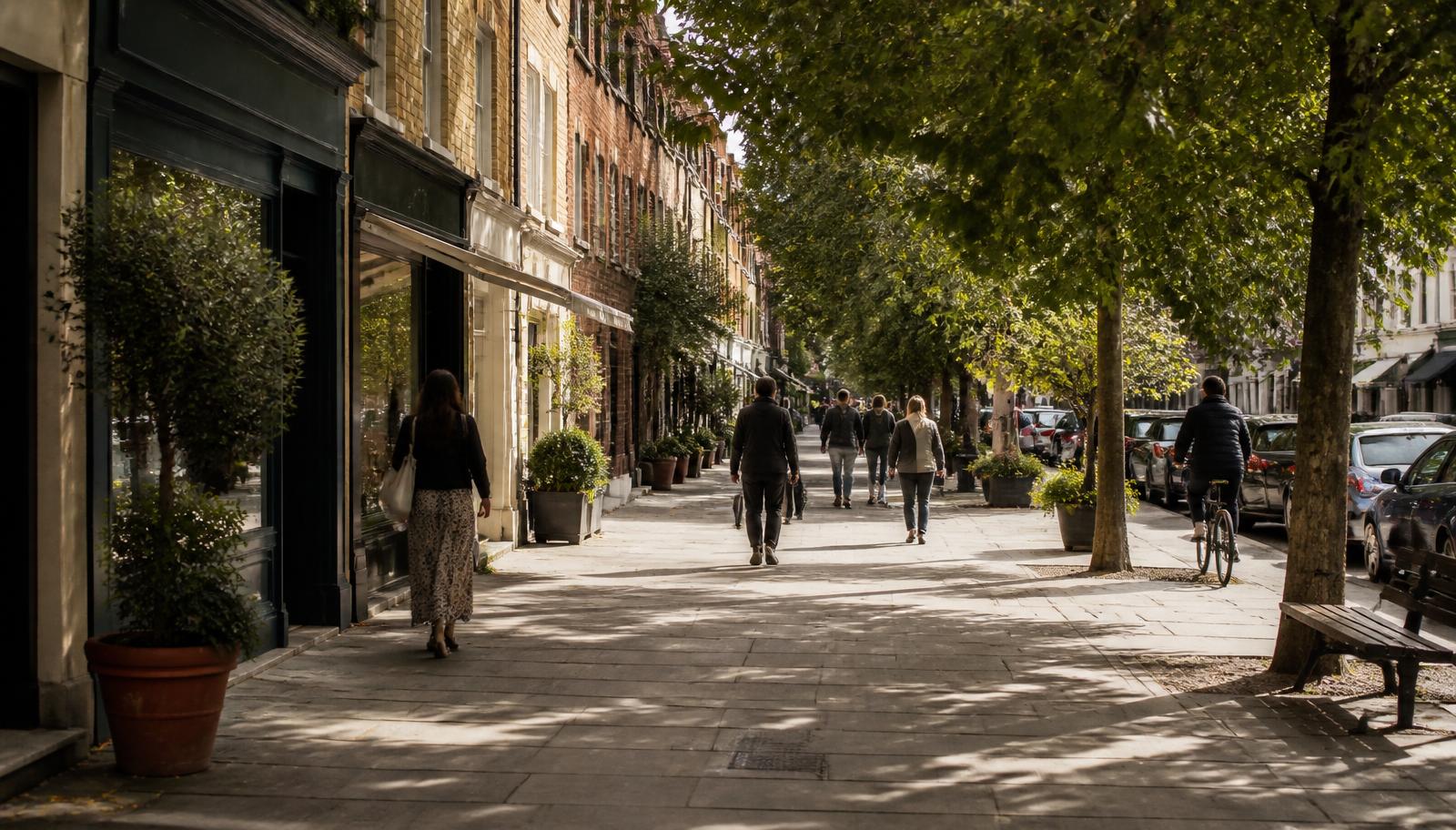 A morning high street with people walking past open shopfronts.