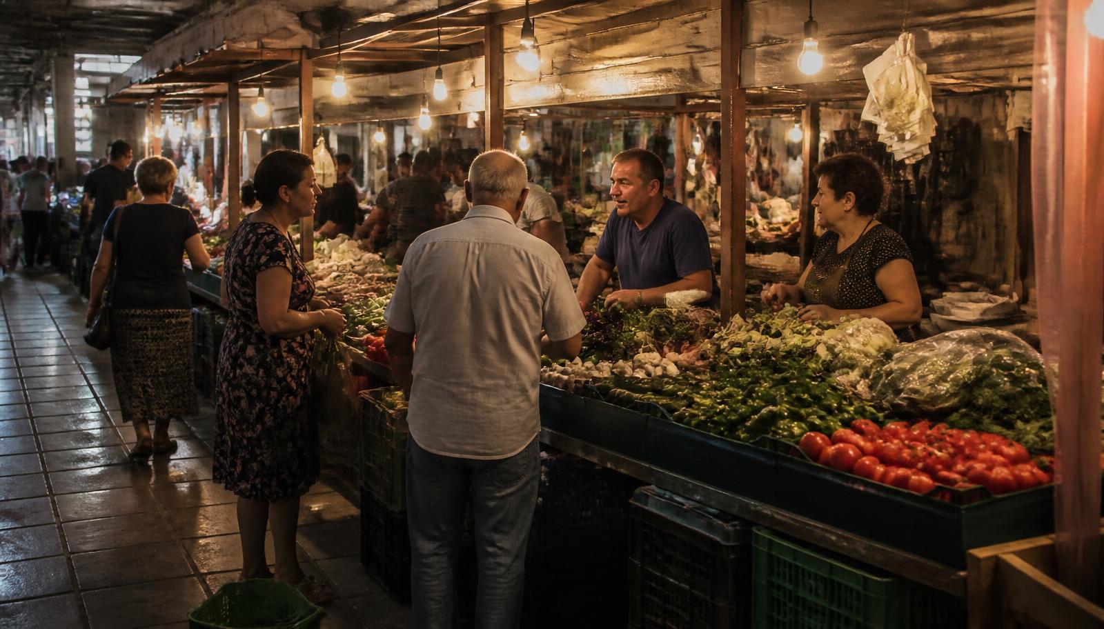 The interior of a covered market hall with traders and shared tables.