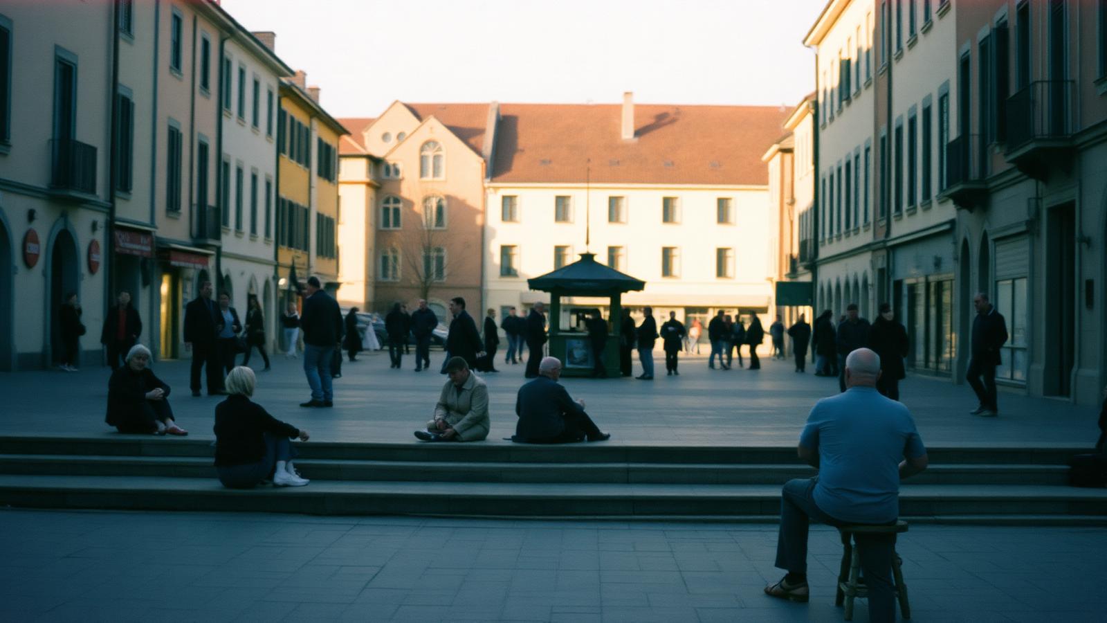 People sitting on low steps across a town square in late afternoon light.